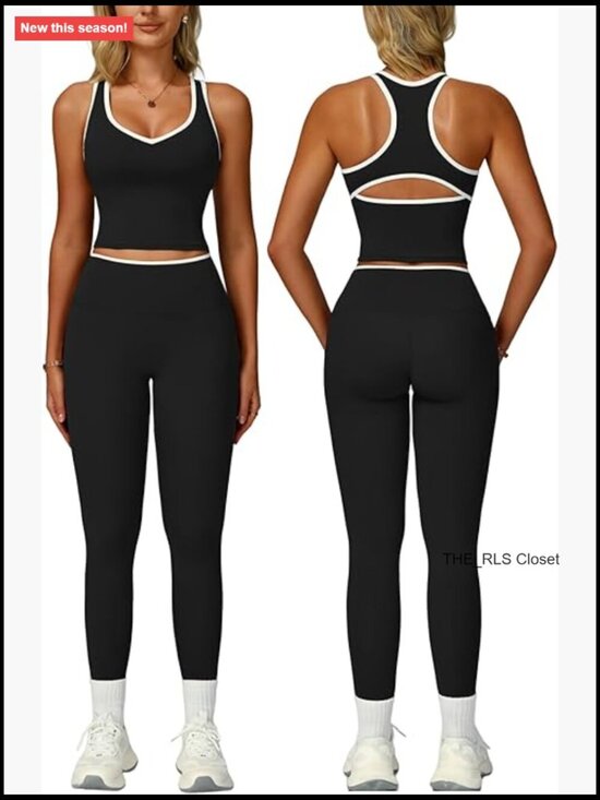 Tops - Racerback Tank Top with Built-in Bra and Tummy Control Leggings Workout Set